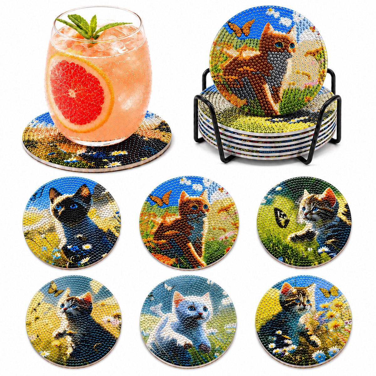 YYchan DIY Diamond Painting Onderzetters Set - 6 Stuks met Houder - Handgemaakt & Hittebestendig - Pakket Volwassenen en Kinderen - Kitten