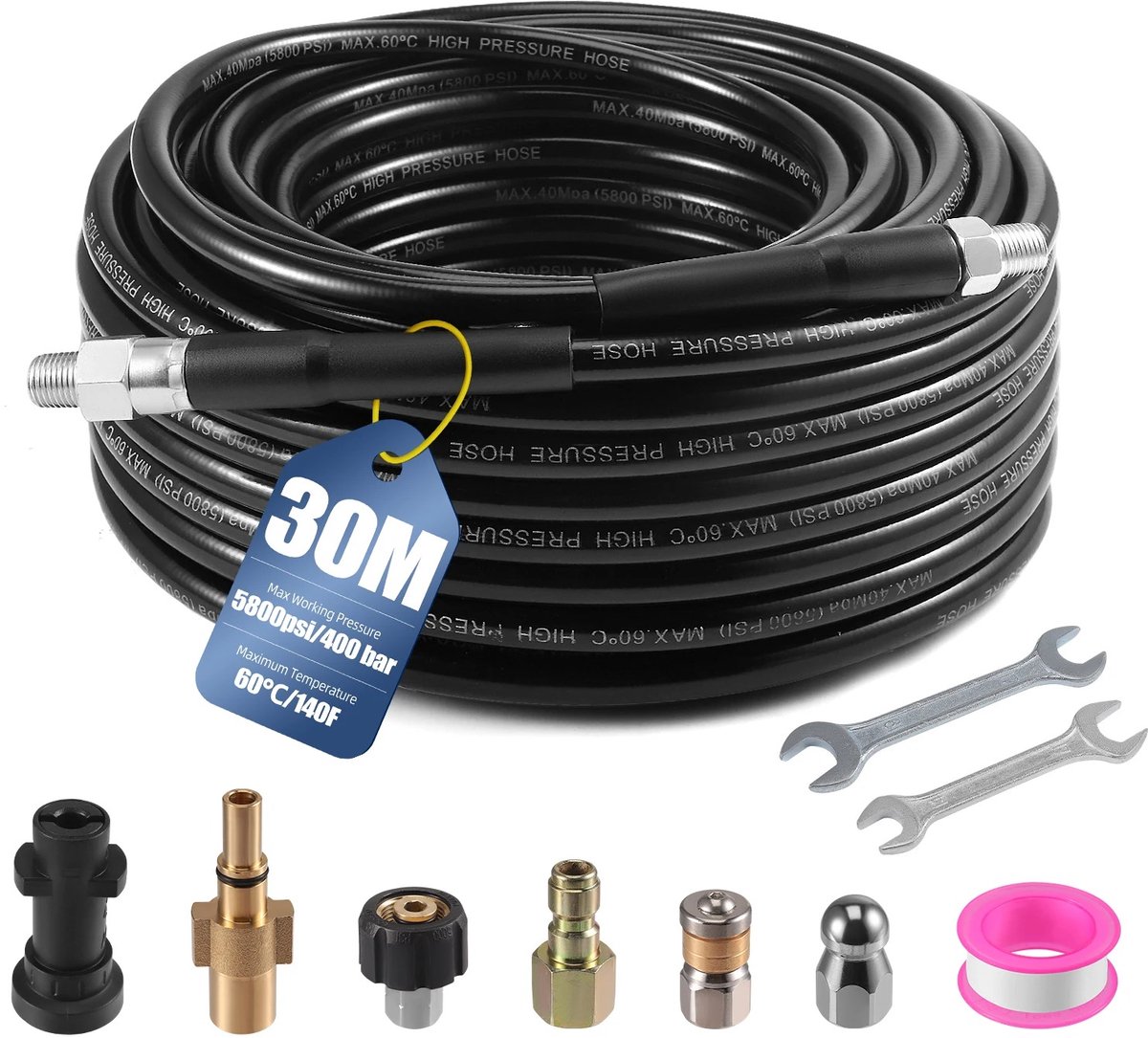 Velori Hogedrukreinigerslang 30 m - Afvoerreinigingsslang - Hogedrukslang - Knikbestendig - 400 bar - 5800 PSI - Voor Kärcher en Bosch - 4 Adapters - 2 Sproeiers