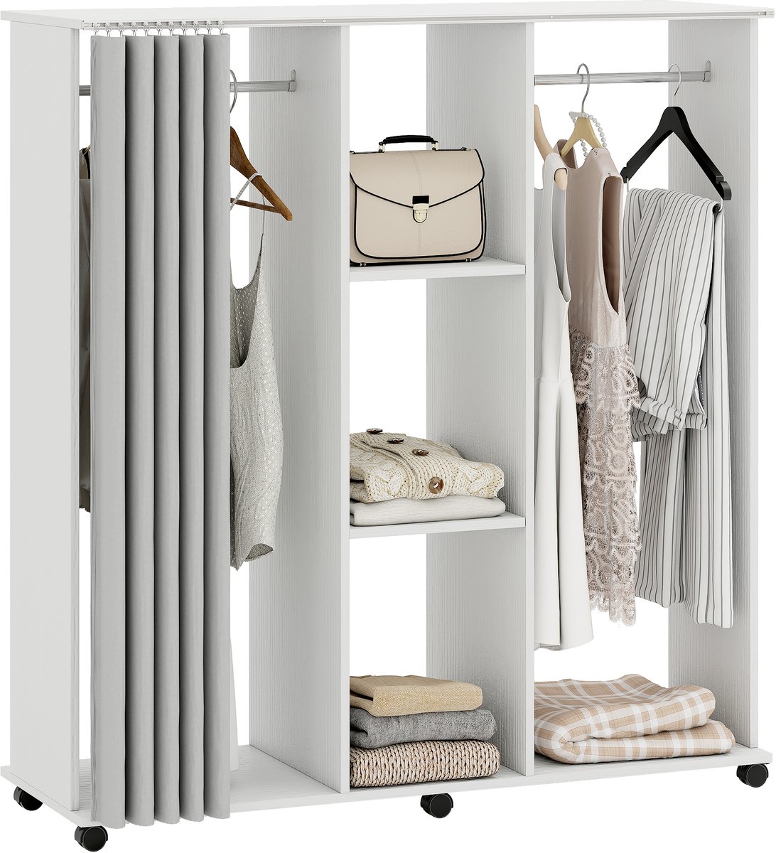 HOMCOM Kledingrek op wielen - Spaanplaat - 120x40x128cm - Wit