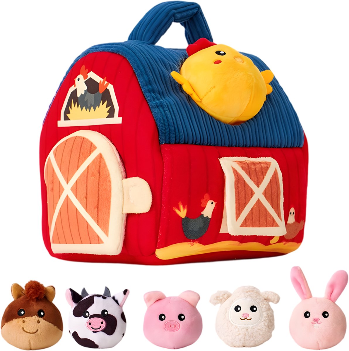 Montessori Babyspeelgoed - Sensorische Boerderijset 7-delig - 6 Pluchen Dieren - Knisper-, Ritsel- en Rammelgeluiden - Opberghuisje met Spiegel - Met Handvat - Voor Baby’s van 6-12 Maanden, Thuis en Onderweg
