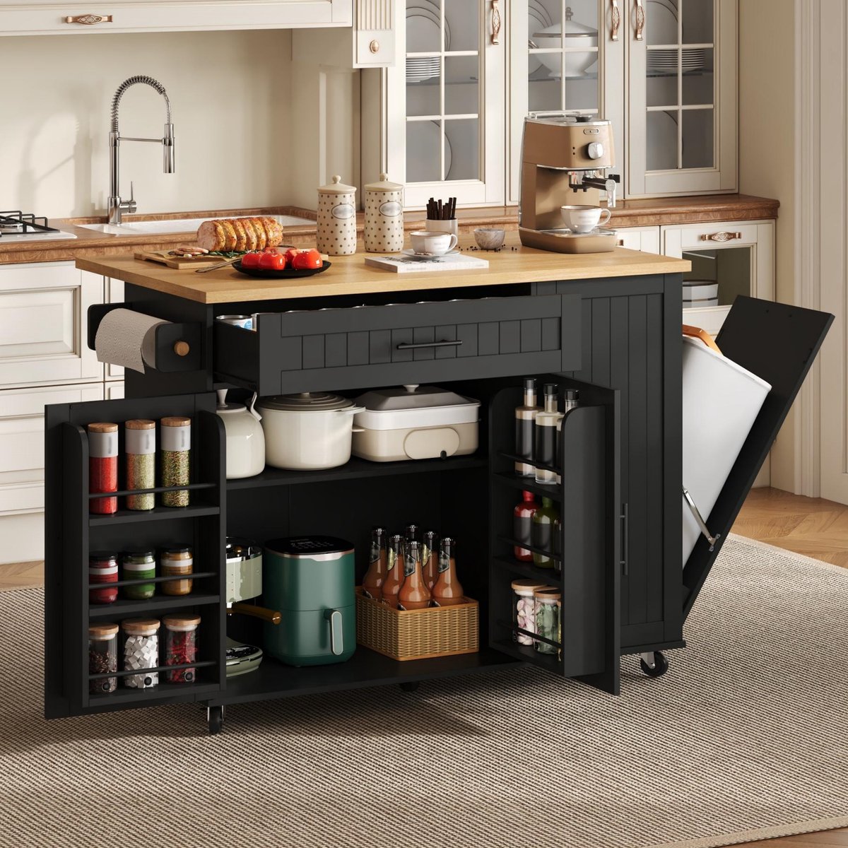 Keukentrolley - met mobiel ontwerp en inklapbaar werkblad en opbergruimte - zwart - afmetingen 130 x 70 x 93 cm - voor een praktische keuken