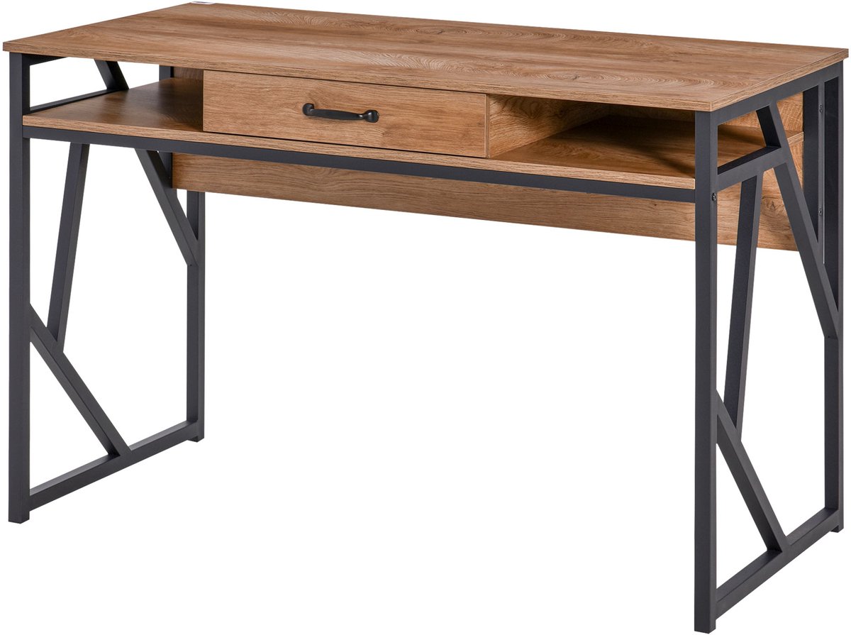 Bureau in industriële stijl – afmetingen 120 x 60 x 76 cm – met één lade en twee vakken – metalen frame