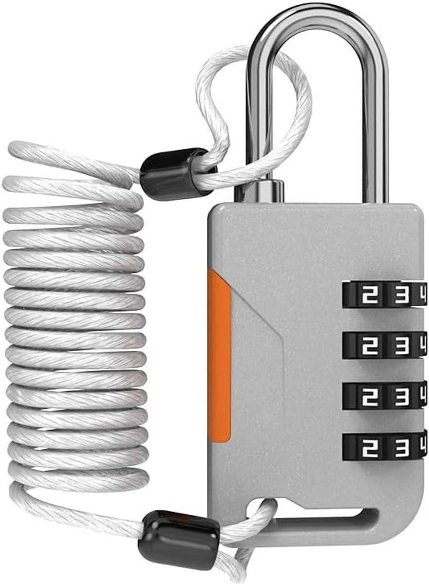 4-cijferig combinatiehangslot met intrekbare kabel, skislot, combo-kabelslot voor snowboard, reisbagage, koffer, fiets, gymkluis, kast, koelkast, koelkastdeur (grijs)