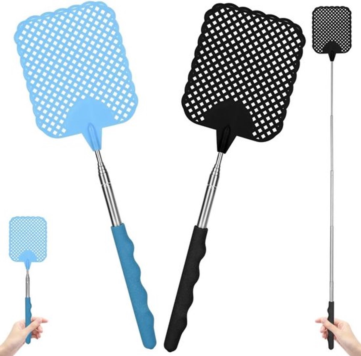 Verlengbare vliegenmepper met roestvrijstalen handvat, 2 stuks, ideaal voor binnen en buiten, verstelbaar van 26,5 cm tot 73 cm, stevig en duurzaam