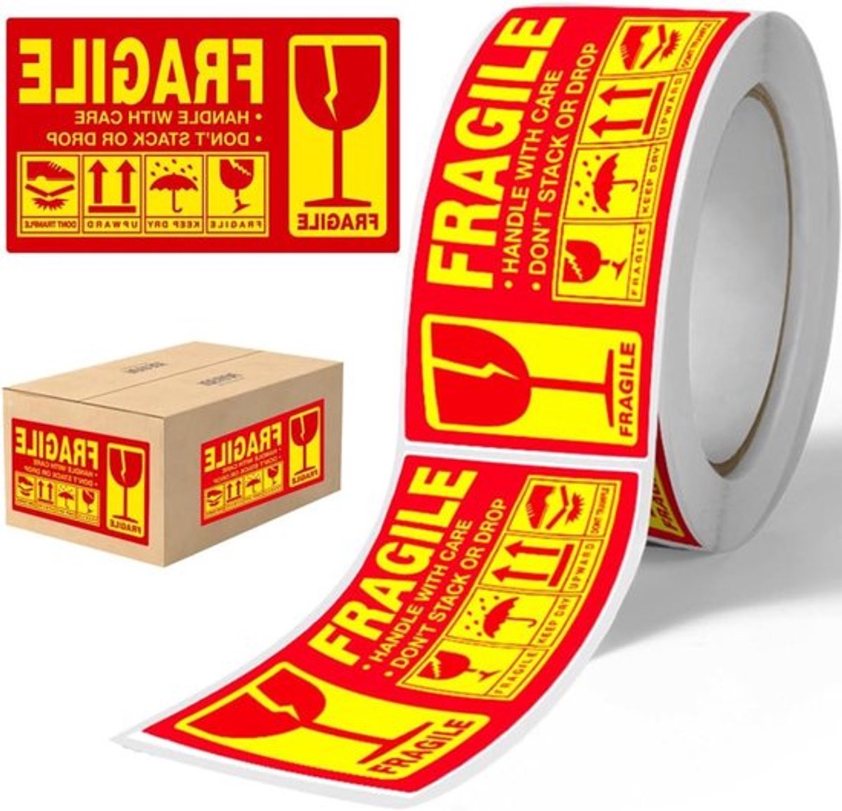 Labels voor Fragiele Verpakking - 250 Stuks - Waarschuwing voor Glasfragmenten - Zorgvuldig Behandelen - 25 x 45 mm