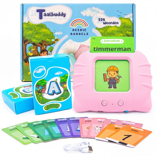 Beebie Babbels - De Taalbuddy - Roze Variant - Woordjes Leren - Het Spel om Nederlandse Woordjes te Leren - Educatief Speelgoed - Leer Nederlands - Montessori Speelgoed - Taalontwikkeling - Cognitieve Vaardigheden - Pratende Flitskaarten