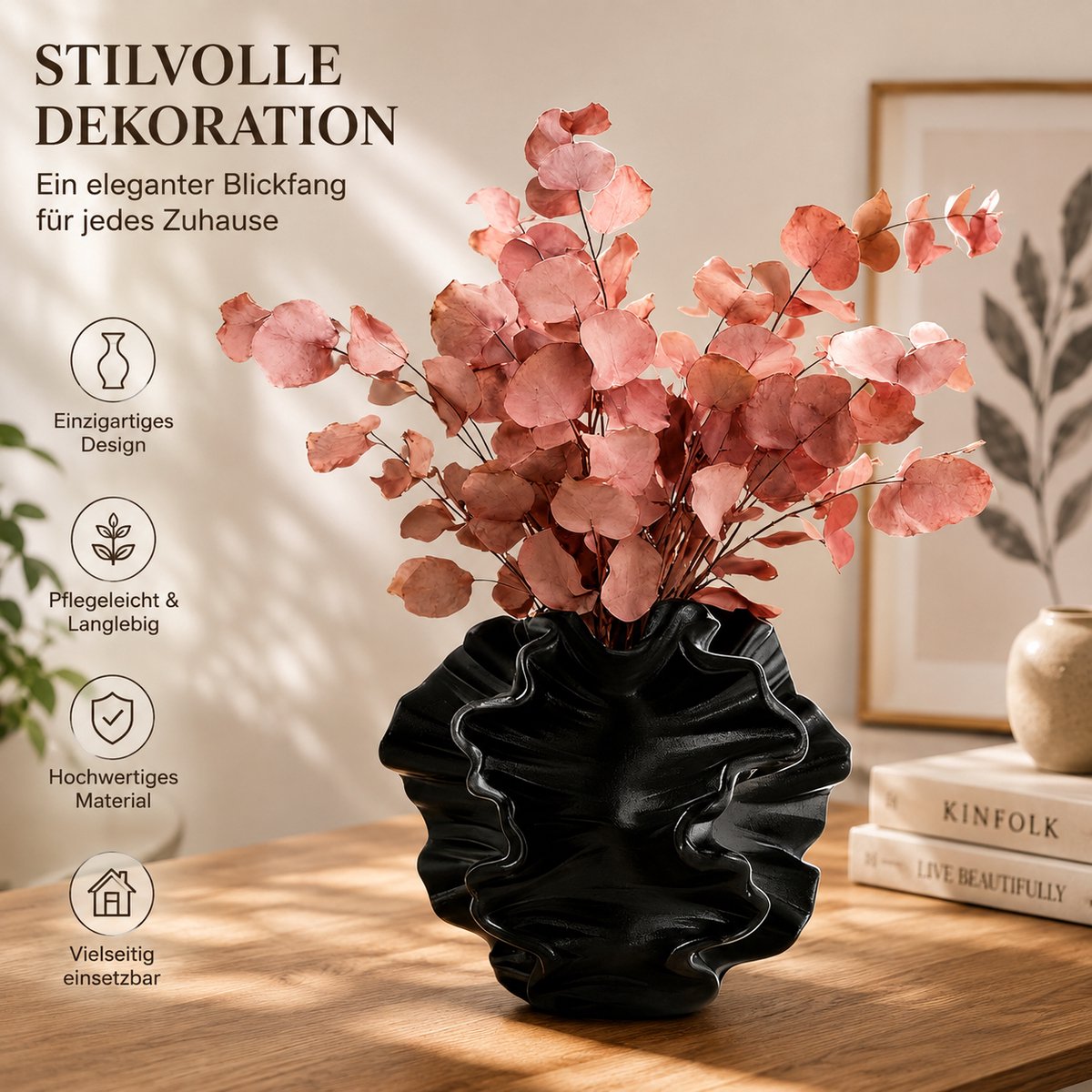 Keramische Vaas Zwart - Moderne Boho Bloemenvaas voor Thuis, Woonkamer, Kantoor en Salontafel