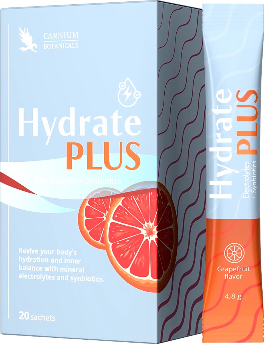 Carnium Botanicals Hydrate PLUS – Voedingssupplement – Elektrolyten + Synbiotica – Hydratatie & Darmflora – Grapefruit Smaak – Vegan – 20 Sachets