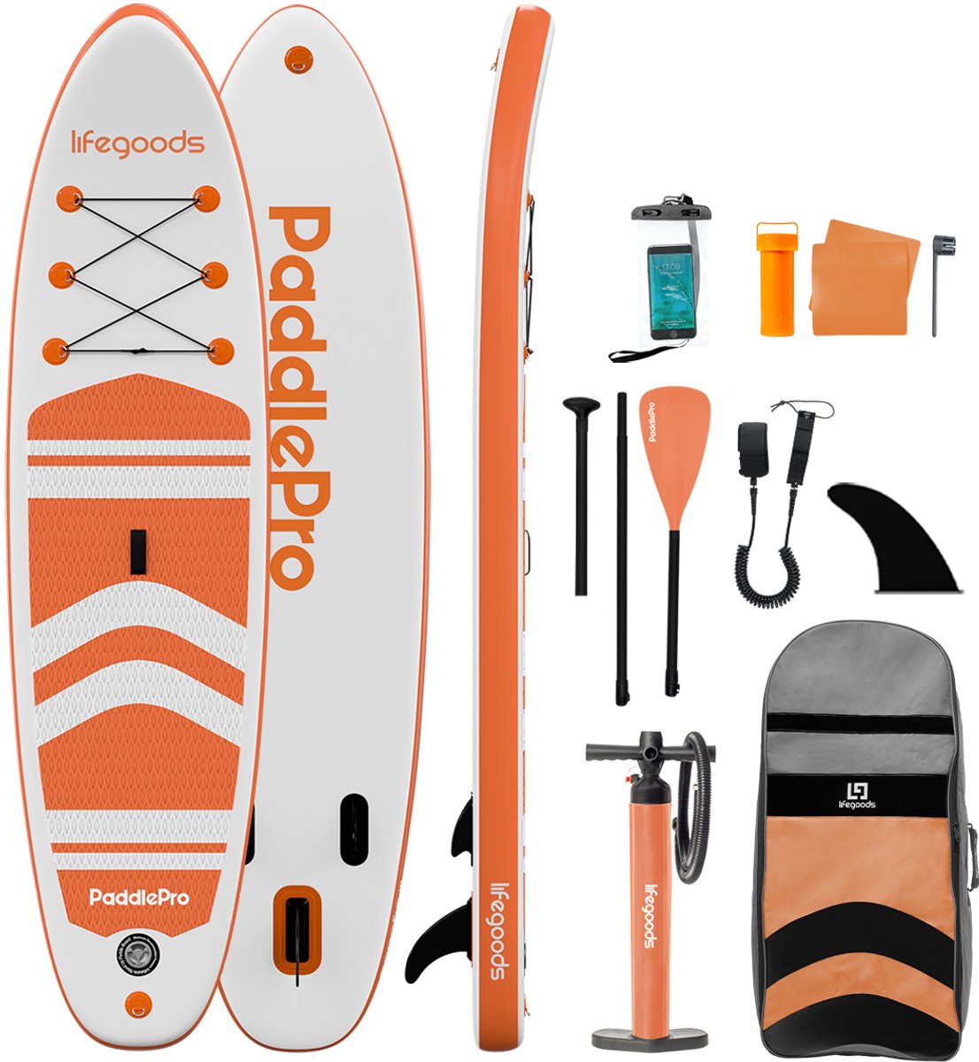 LifeGoods PaddlePro SUP Board - Opblaasbaar Paddle Board - Complete Set - Max. 150KG - 320x81cm - Wit/Oranje