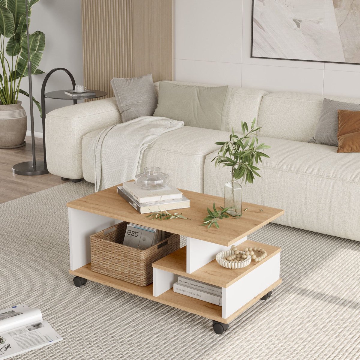 Asir - Salontafel - Eiken en wit - 90 x 51 x 42,5 cm