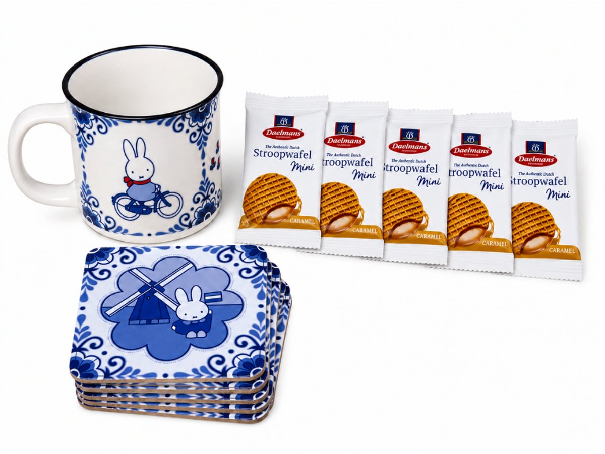 Nijntje Delfts Blauw Cadeauset – Nijntje Mok, 6 Onderzetters & 5 Mini Stroopwafels – Cadeau voor Nijntje Liefhebber – Aan beide zijden bedrukt