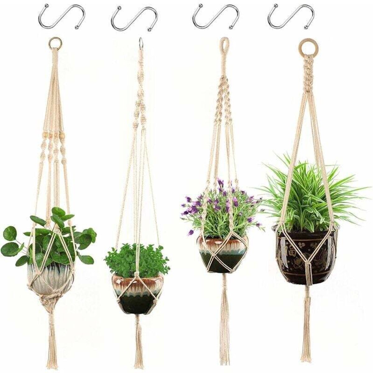 Deze 4-delige set handgeweven plantentouwen wordt geleverd geschikt voor 4 haken en kan ter decoratie in bloempotten of binnen-/buitentuinen worden opgehangen.