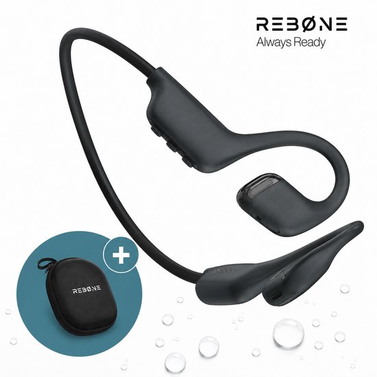 Zwarte REBØNE OpenPulse BEAM sportkoptelefoon met nekband en zwarte opberghoes.