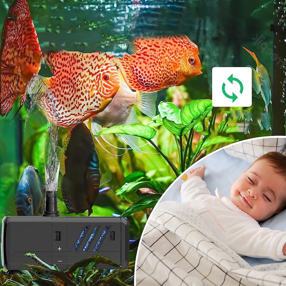 Aquariumpomp - 4-in-1 Aquarium Filterpomp - 500 L/u Watercirculatie - Regelbare Waterstroom - Ingebouwd Filter en Beluchting - Geluidsarm met Zuignappen - Voor Aquarium, Vijver, Fontein en Hydrocultuur thumbnail 3