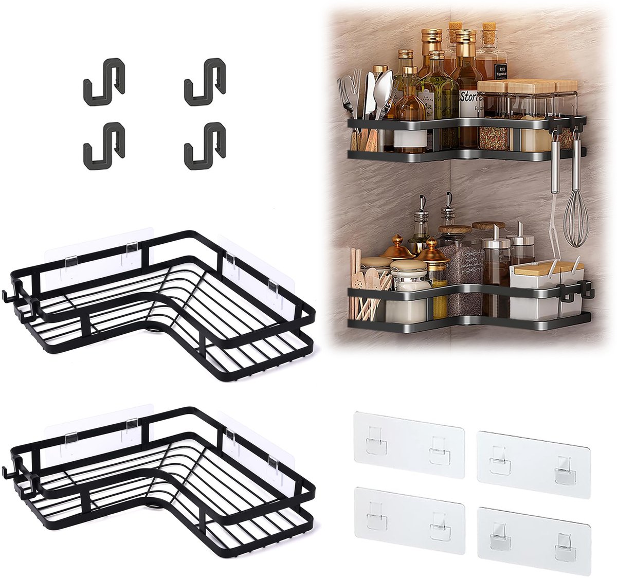 REDOM Badkamer Hoekrek 25 x 25 x 5,2 cm – 2-laags Doucheplank met 4 Haken – Zelfklevend Zonder Boren – Badkamer Opbergrek – Metaal – Zwart