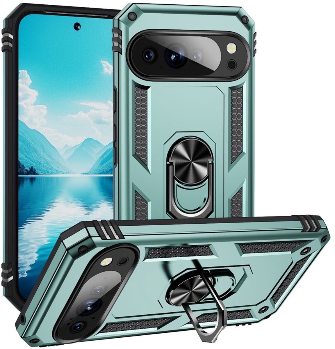 Coverup Hoesje - Geschikt voor Google Pixel 11 Pro XL Hoesje - Coverup Armor Ring Kickstand Back Cover - Mintgroen