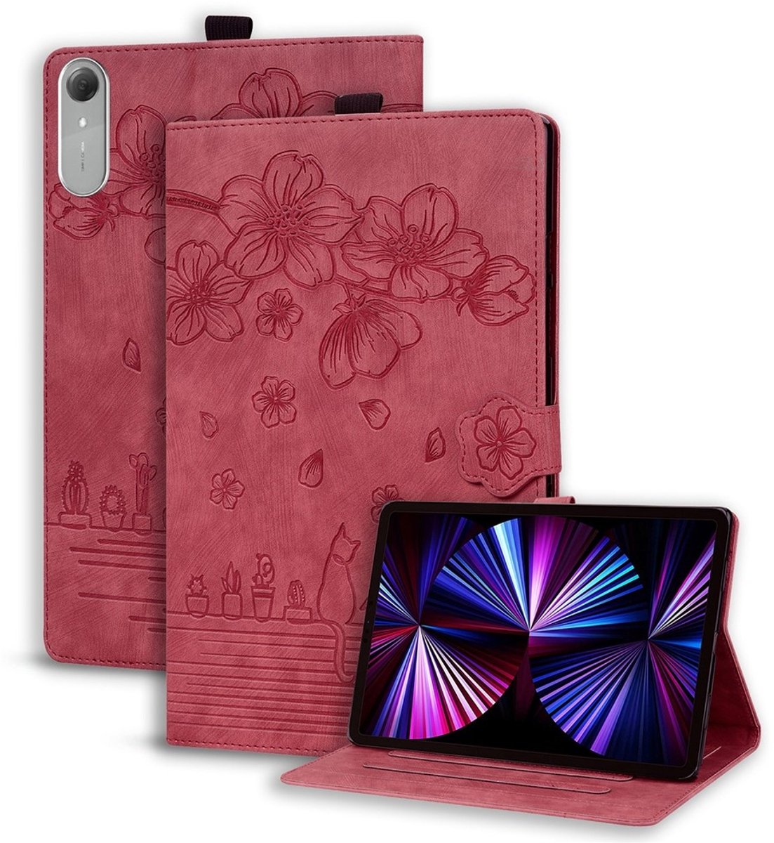 Coverup Tablethoes geschikt voor Lenovo Idea Tab Pro Gen 2 Hoesje - Flowers & Cat Book Case - Rood