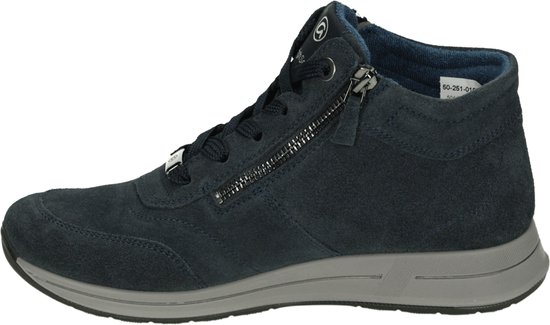 Donkerblauwe suède sneaker met ritssluiting en grijze zool.
