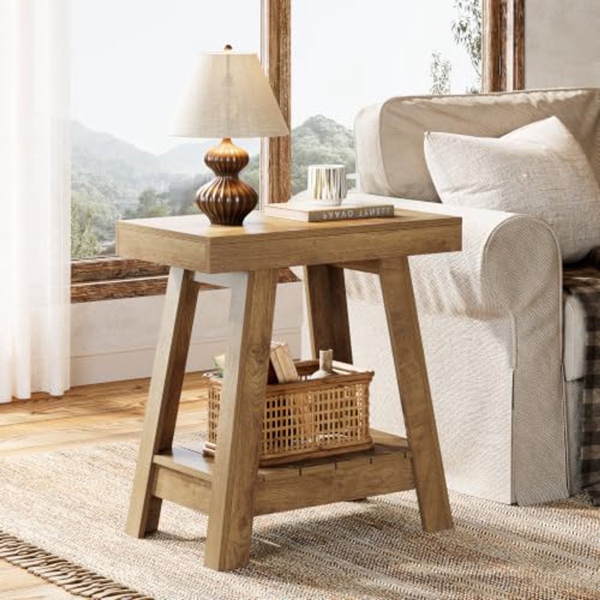 LITTLE TREE Smalle Houten Bijzettafel - 2 Planken - Landelijke Stijl - Nachtkastje en Banktafel - Voor Woonkamer, Slaapkamer, Hal en Kleine Ruimtes - Rustiek Bruin