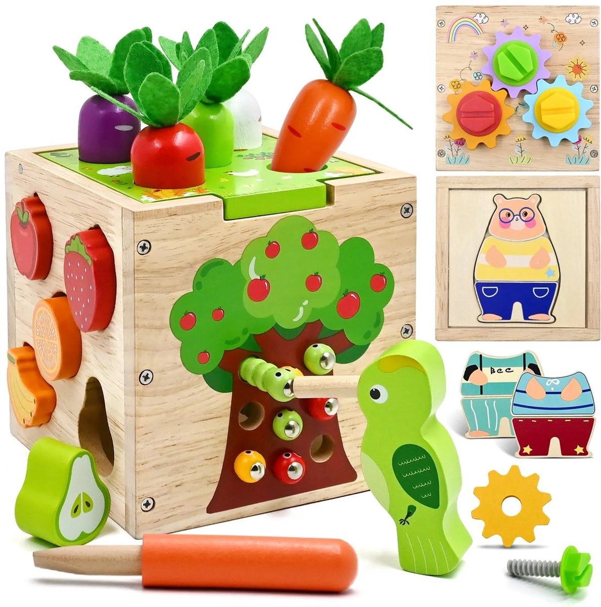 Casalora - 5-in-1activiteitenkubus voor motorische vaardigheden - Geschikt voor kinderen van1-4 jaar - Set van 49 stuks Montessori educatief houten speelgoed - Geschikt voor baby's vanaf 18 maanden - Activiteitencentrum voor kinderen -Kerstcadeaus