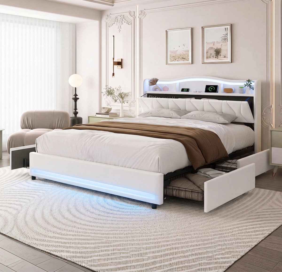 Opbergbed 160x200 cm met opbergruimte, Tweepersoonsbed met ledverlichting, USB-poort en 4 lades, Gestoffeerd bedframe 160x200, fluweel Beige