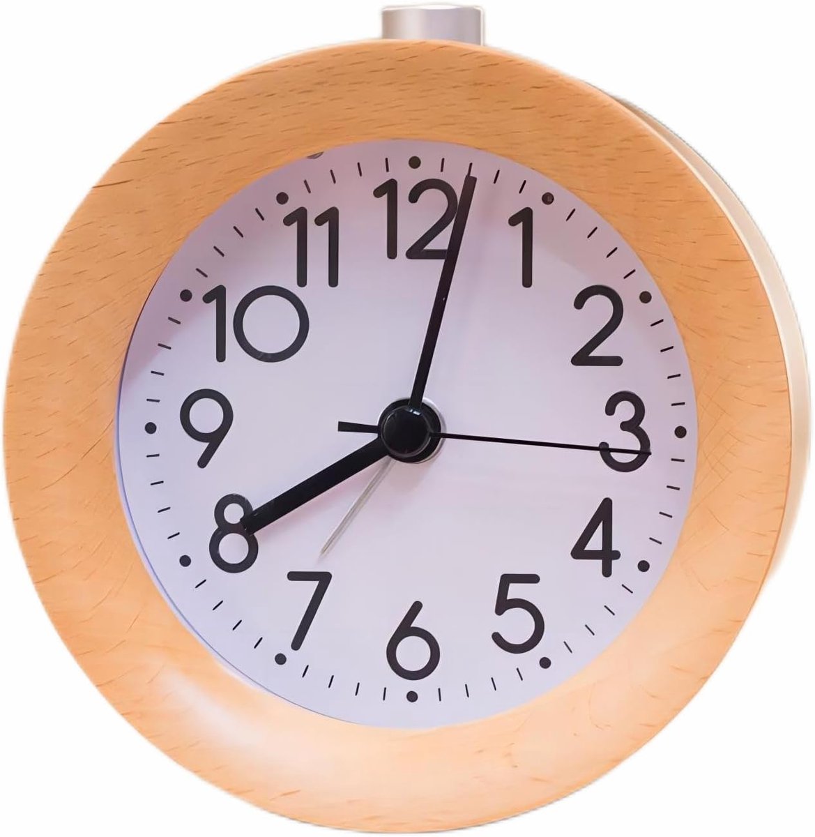 Ronde analoge houten wekker, stille werking zonder tikken, met nachtlampje, snoozefunctie en Arabische cijfers, batterijgevoed, gele tafelwekker voor bureau, slaapkamer en nachtkastje