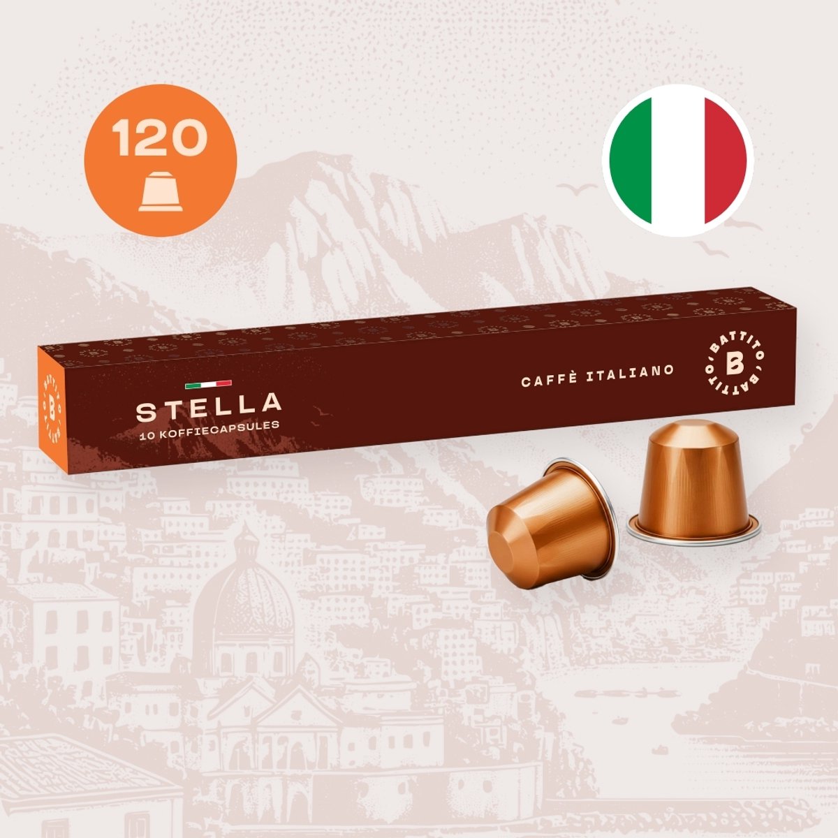 Battito 'Stella' Italiaanse koffiecups - 100% Arabica - Intensiteit 5/10 - Ambachtelijke kwaliteit uit Napels, Italië - 120 capsules
