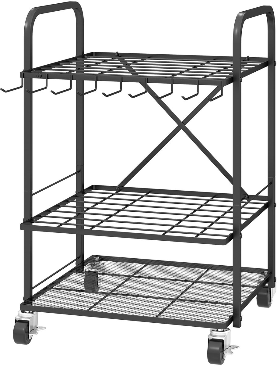 Opbergrek voor tuingereedschap op wieltjes – metalen tuingereedschapsrek – dubbel – 40 vakken – 57 x 48 x 70 cm
