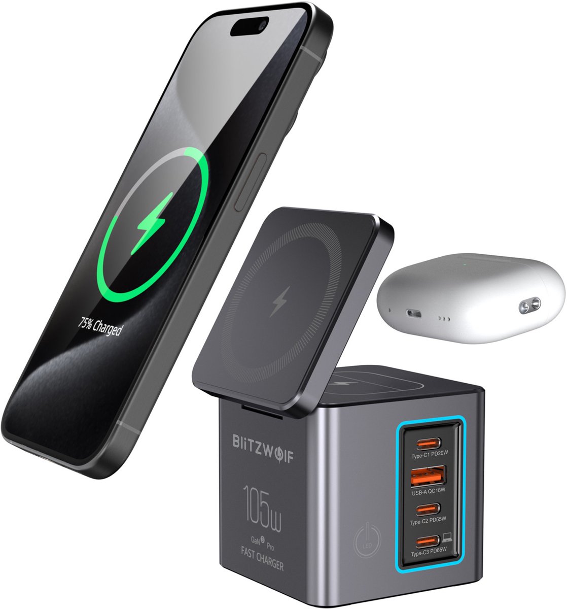 BlitzWolf BW-i113 Max 105W GaN Bureau Oplader 6-in-1 Laadstation met USB-C, USB-A, Draadloze Oplader en Snelladen voor iPhone, Samsung, iPad, MacBook