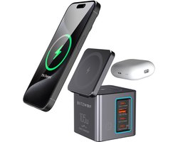 BlitzWolf BW-i113 Max 105W GaN Bureau Oplader 6-in-1 Laadstation met USB-C, USB-A, Draadloze Oplader en Snelladen voor iPhone, Samsung, iPad, MacBook