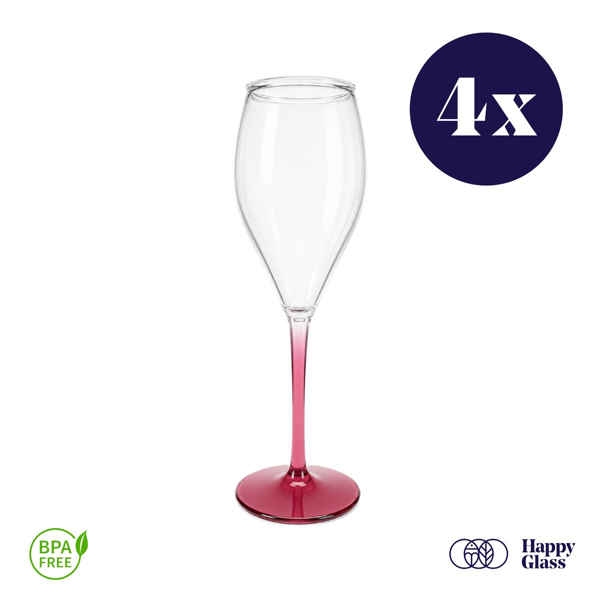 HappyGlass Miss Muse - Set van 4 kunststof champagneglazen - 24cl - Burgundy red steel - BPA-vrij Tritan