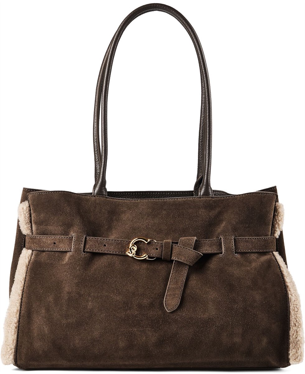 COCCINELLE handtas schoudertas Sabine Soft Handbag Suede Le. / Eco Fur / Gra. Le Fango / War. T / Fan donkergroen