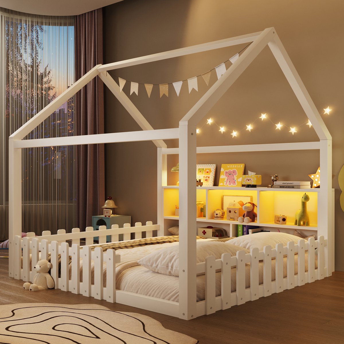 Bed 140x190 cm - Met LED-Verlichting - Met Opbergruimte - Met Valbeveiliging - Wit
