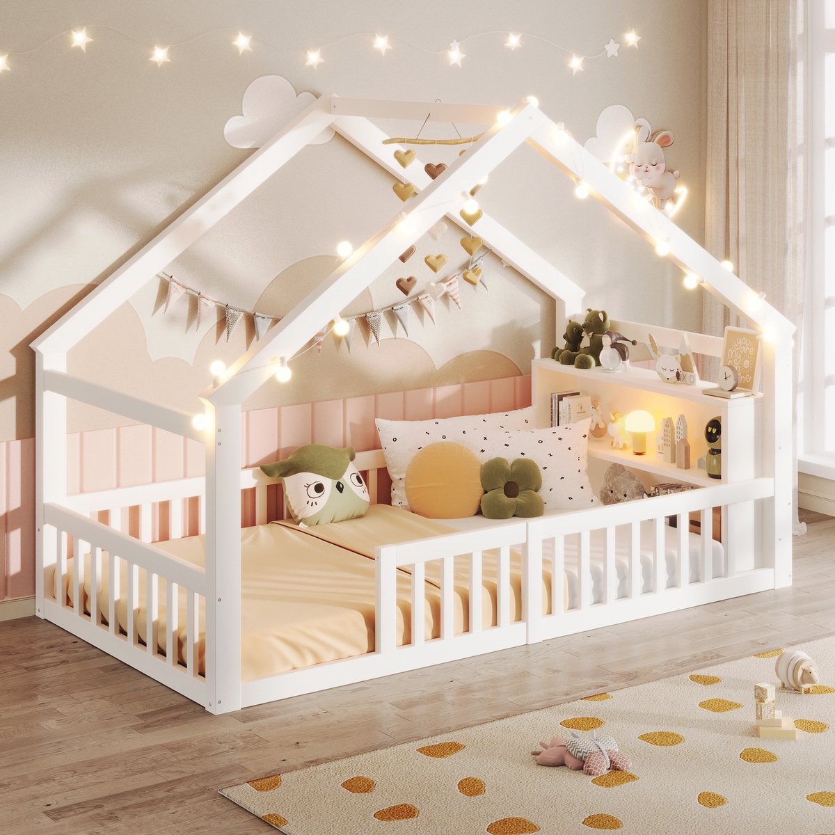 Bed 90x190 cm - Met LED-Verlichting - Met Opbergruimte - Met Kledingkast - Wit
