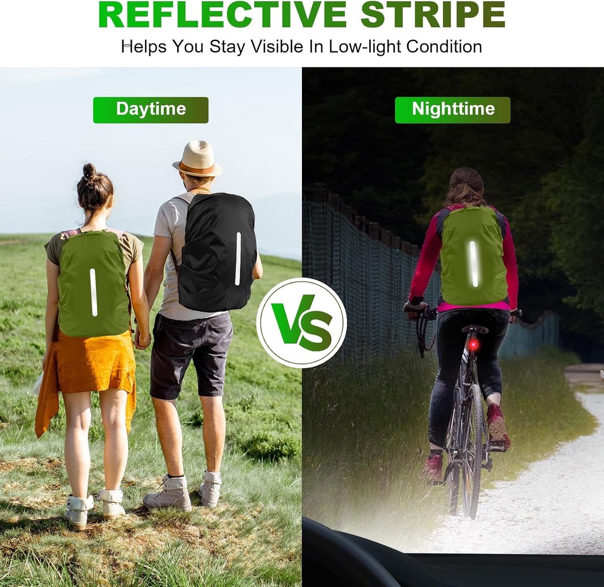 Rugzakhoes - Zwart+legergroen - M - Reflecterende Regenzakhoes voor 10-85L Rugzak - Voor Bescherming Tegen Weer