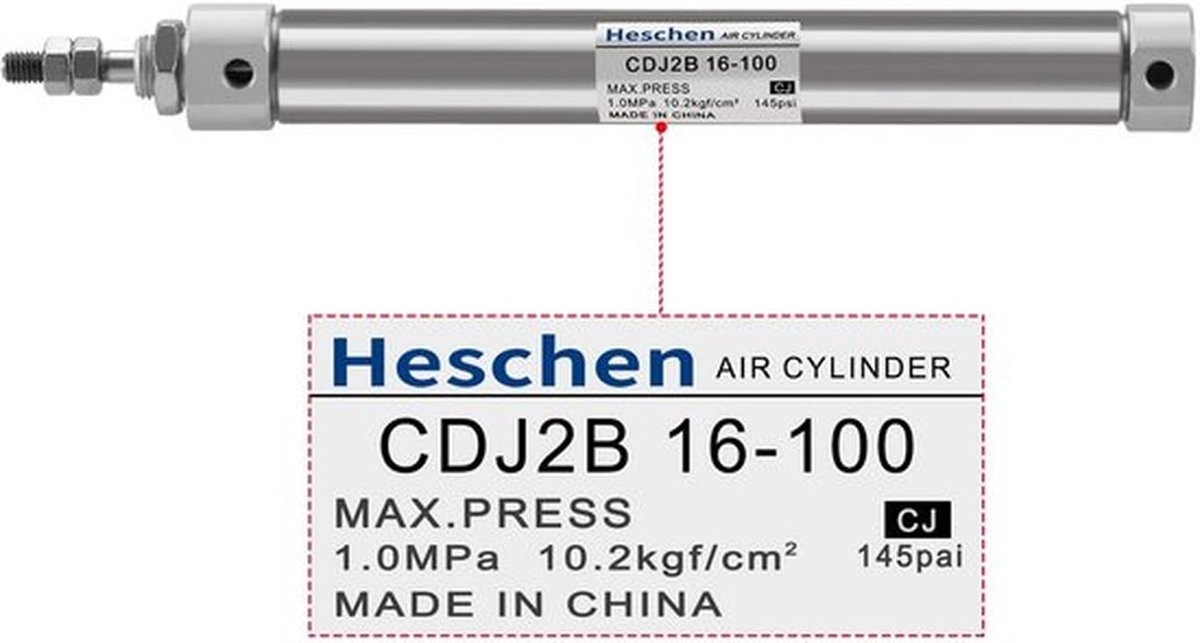 Pneumatische Cilinder - Slim Ontwerp - 16mm Bore - 100mm Slag - Handmatig Bediening - Ideaal voor Diverse Toepassingen - Metaal