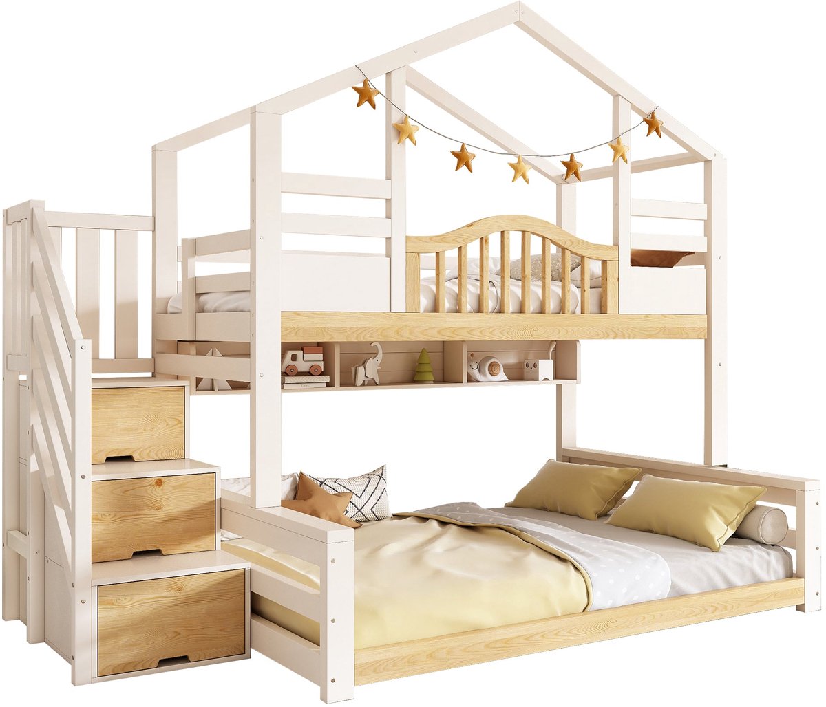 Merax Stapelbed Voor Kinderen 90x200 cm En 140x200 cm - Bed In Huisvorm - Opbergtrap - Veiligheidshek - Massief Hout - Wit En Natuurlijke Houtkleur
