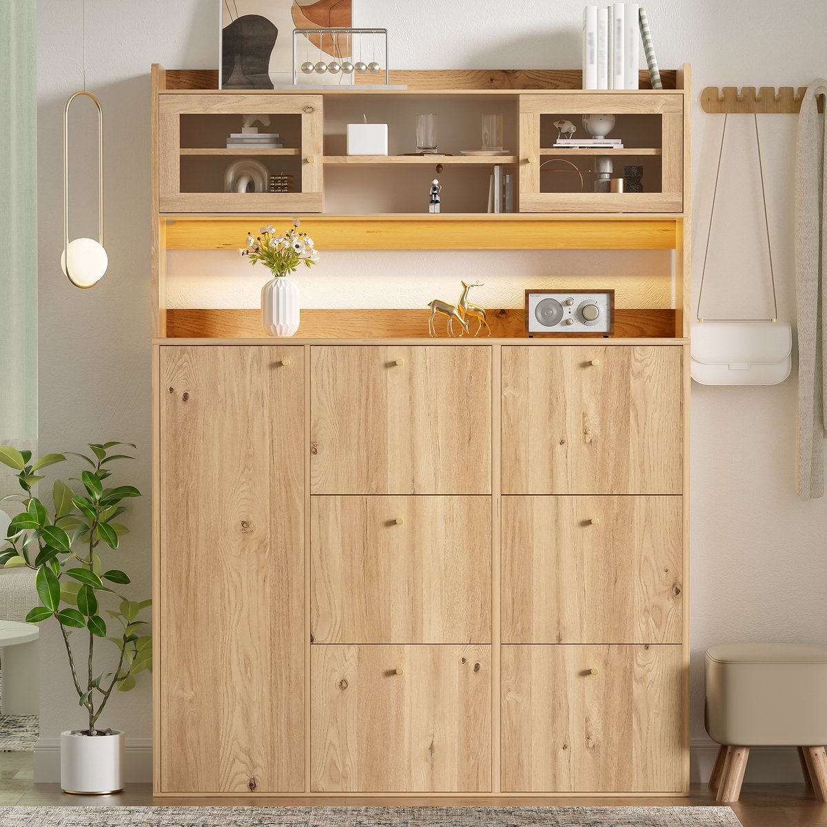 MIVRAY Schoenenkast - Smal Model Met Glasfront En Ledverlichting - Voor Hal En Gang - Spaanplaat En Glas - 130x25x180 Cm - Naturel