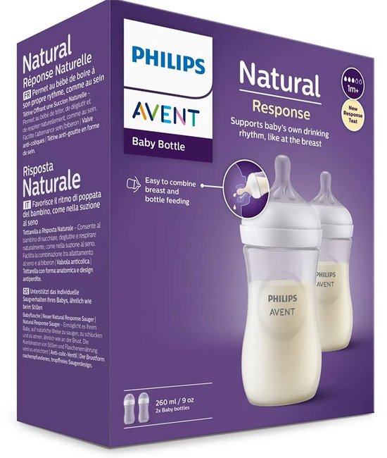 Biberon Philips Avent Natural Response, 260 ml, lot de 2, avec tétines naturelles.