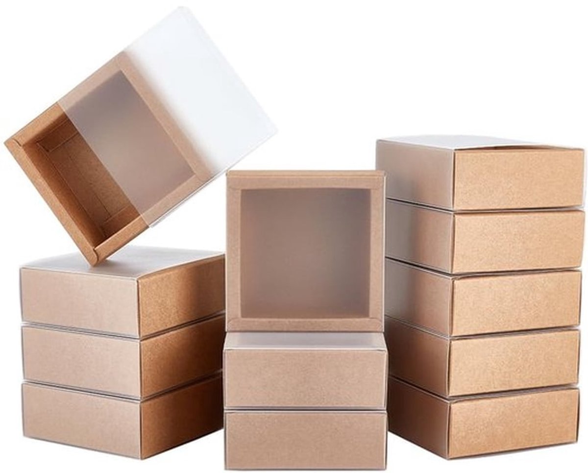 Geschenkdozen met deksel - 16 Stuks - Kraftpapier - Bruin/Zwart - PVC-venster - 9,7 x 9,7 x 3,75 cm - Cadeaudozen