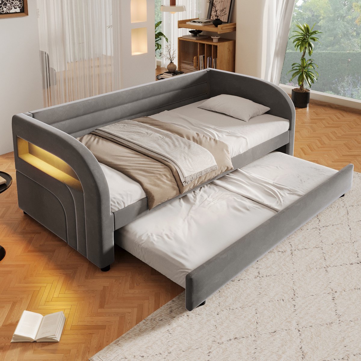 Gestoffeerd Bed 90x200cm Zonder Matras - Bed Met Uittrekbed en LED Verlichting - Opbergruimte en Extra Slaapplaats - Stof - Grijs