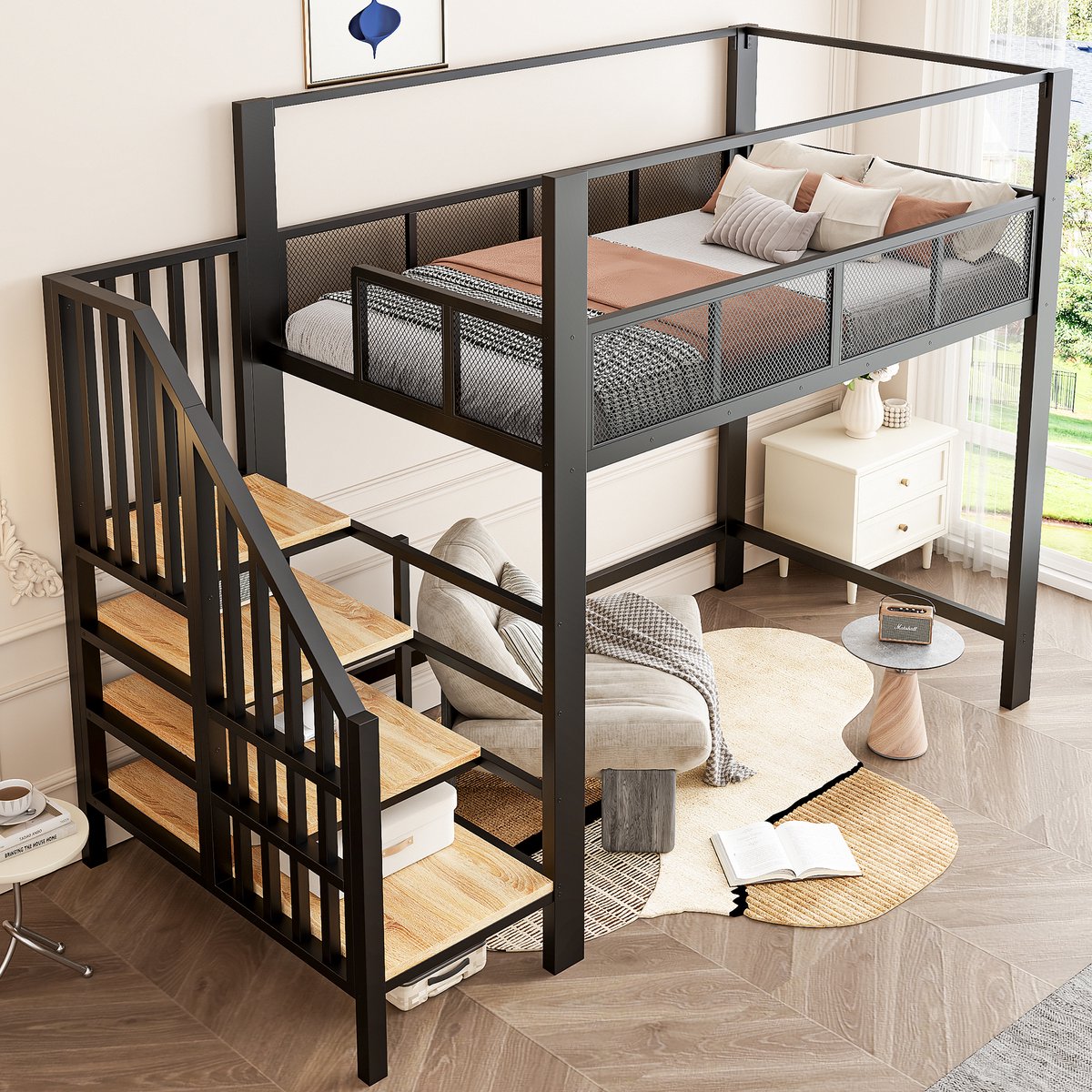 Hoogslaper 90x200 cm Zonder matras Met Trap En Opbergruimte Onderbedruimte Baldakijnframe Metalen Bedframe Zwart