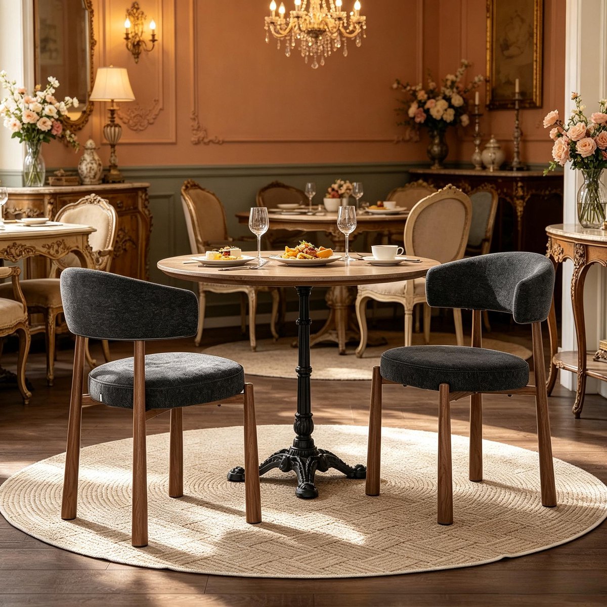 Clruro Eetkamerstoel Set van 2 - 47 x 48 x 81 cm - C-vormige Rug - Chenille/Metaal - Zwart