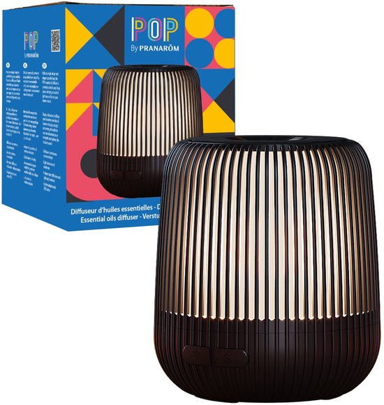 Essentiële olie diffuser met een donkerbruine, geribbelde behuizing en gouden binnenkant. De verpakking toont "POP BY PRANARÔM".