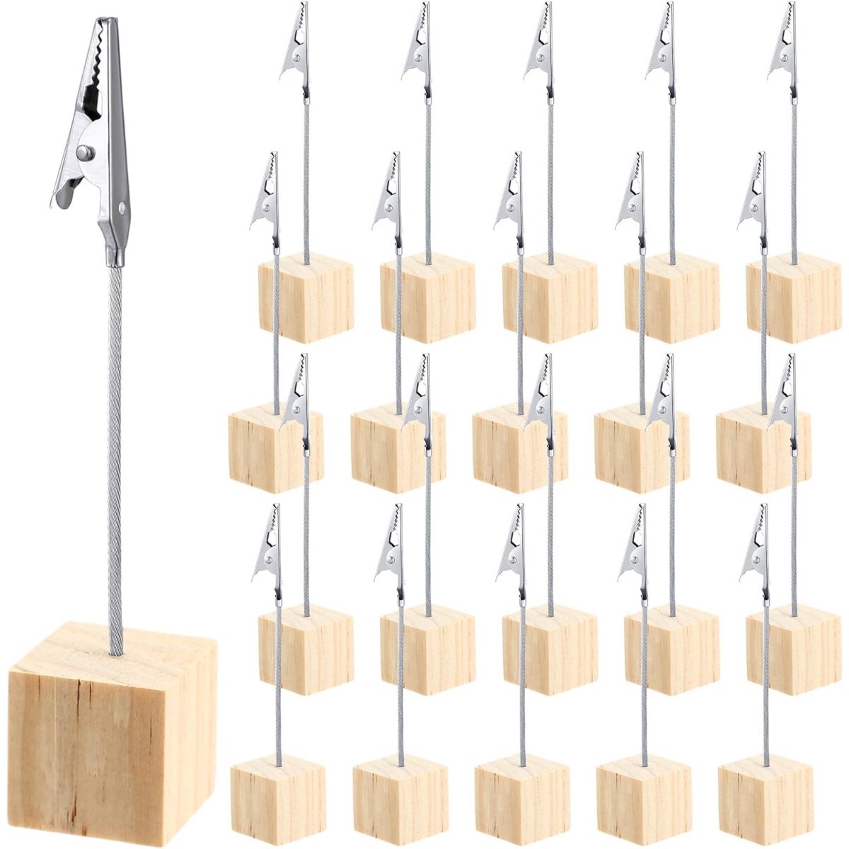 GELLDG 20 Stuks Opstaande Metalen Kaarthouder met Krokodilklem - Tafelnummerhouder in Licht Houten Look - Mini Fotostandaard voor Menus en Nummerkaarten - Geschikt voor Bruiloften, Evenementen en Restaurants - Metaal - 2.4x2.4x11cm
