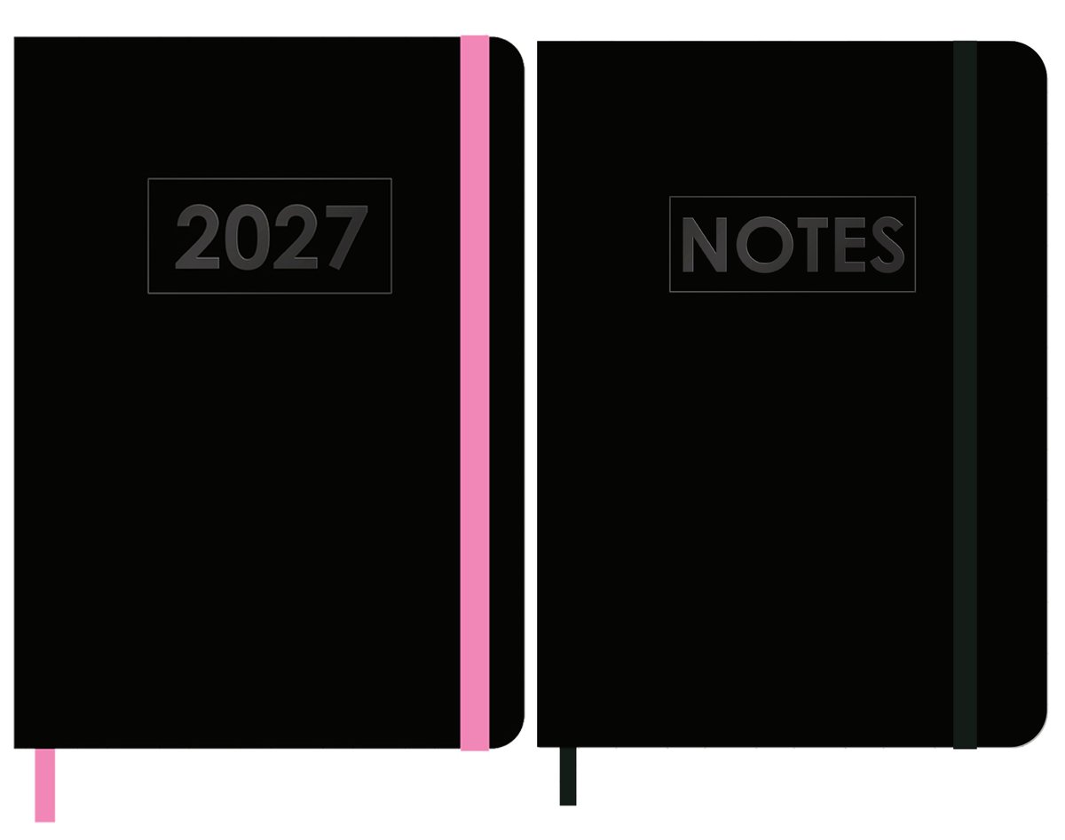 MGPcards - A5 Agenda 2027 - Weekoverzicht 1w/2p - Zwart + Roze elastiek - 14,8 x 21 cm + Notitieboekje/opschrijfboekje - gelinieerd - 80 pagina's - A5 - Zwart
