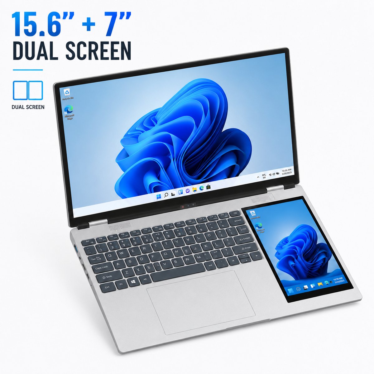 15.6" + 7" Dual-Screen Zakelijke Laptop – Intel N100 – 16GB RAM – 1TB SSD – Windows 11 Home – 7" IPS Touchscreen – RGB Toetsenbord – Gezichtsherkenning – 180° Klapbaar – Zilver