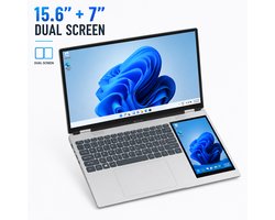 15.6" + 7" Dual-Screen Zakelijke Laptop – Intel N100 – 16GB RAM – 1TB SSD – Windows 11 Home – 7" IPS Touchscreen – RGB Toetsenbord – Gezichtsherkenning – 180° Klapbaar – Zilver