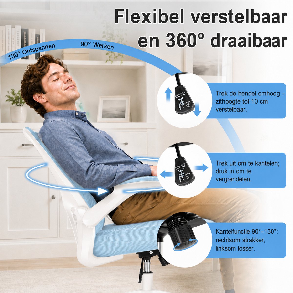 Durrafy Ergonomische Bureaustoel met Lendensteun - Blauw - afbeelding 2