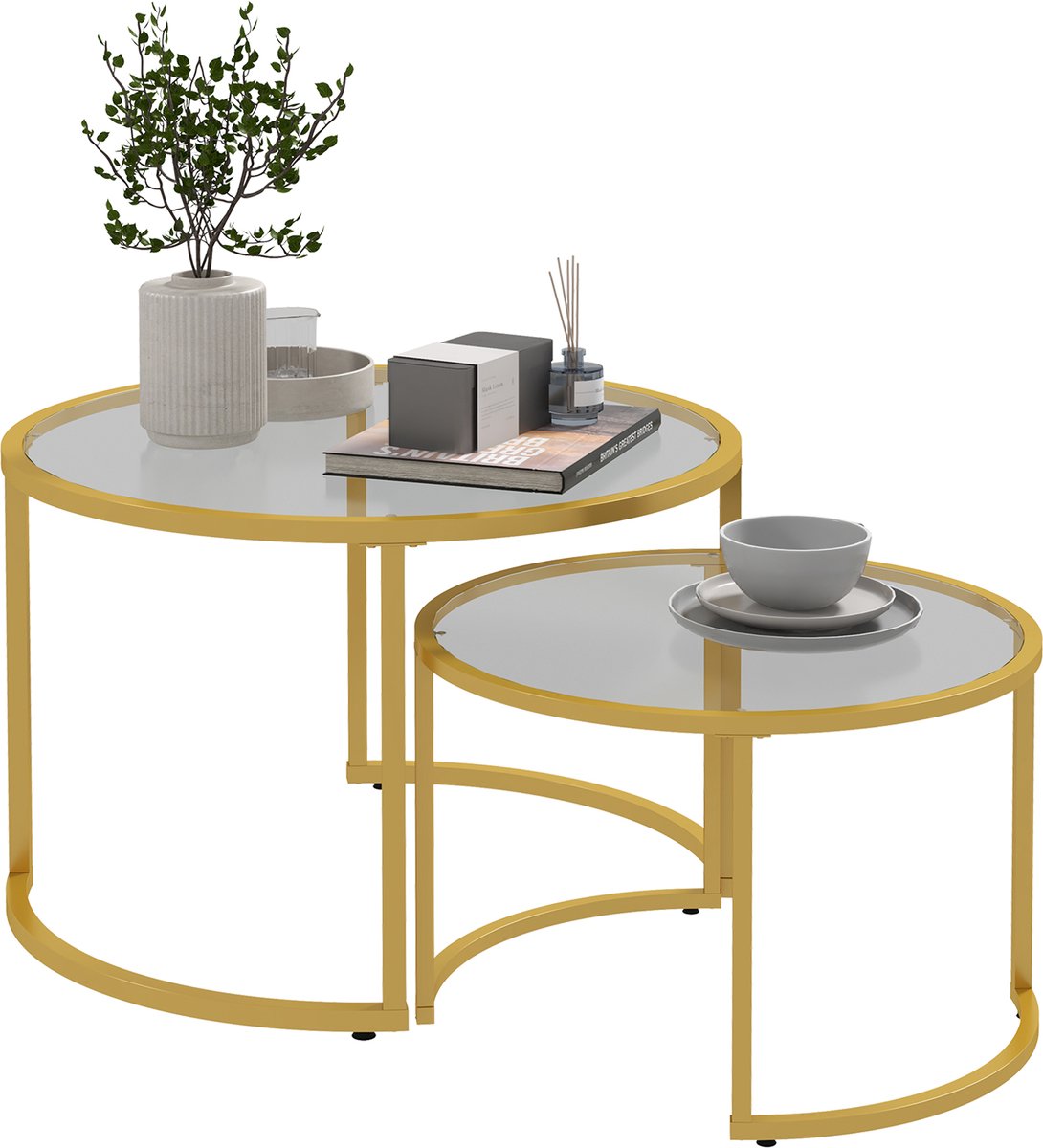 Salontafel – rond – 2-delige set – van gehard glas en verguld metaal – geschikt voor de woonkamer en het kantoor – 70 × 54 cm